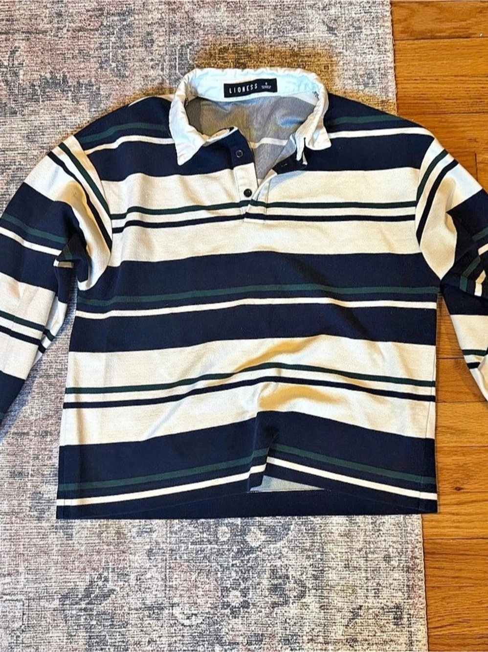 Lioness Rugby Stripe Long Sleeve Polo Shirt Black Green & Cream - Size Small